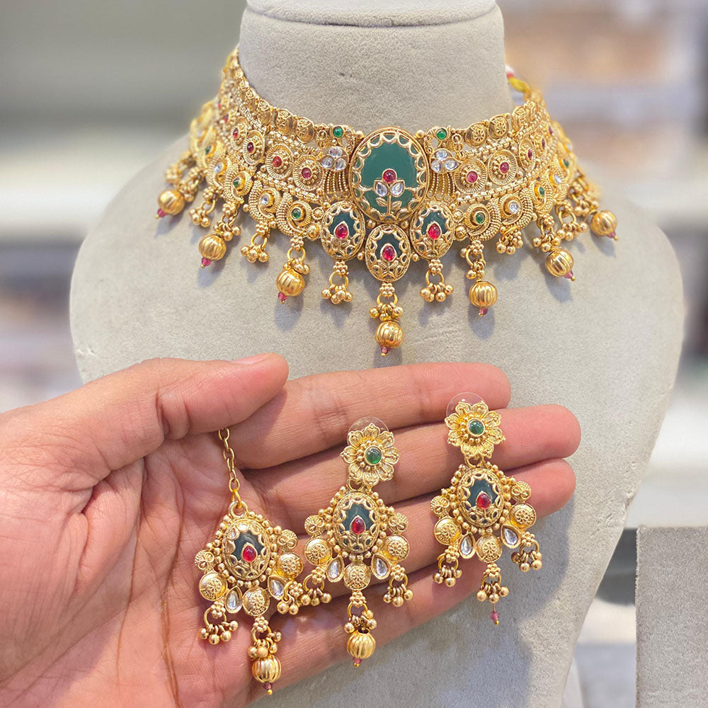 Hira Collections Classic Pota Stone And Beads Choker Necklace Set