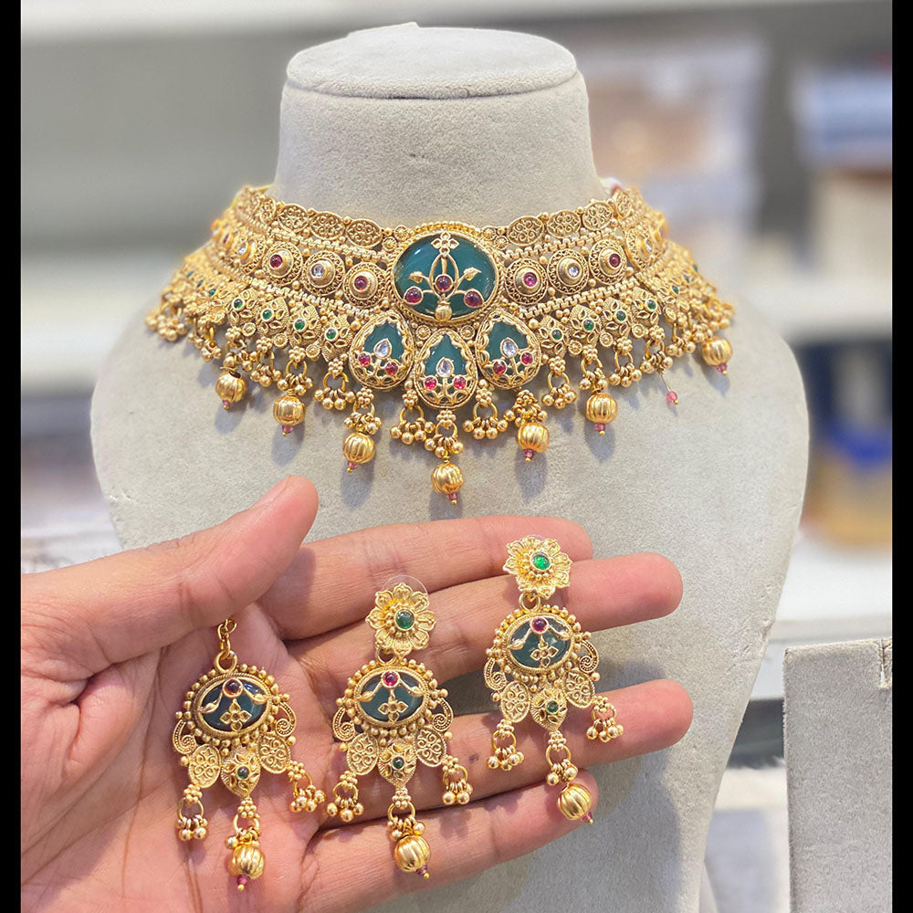 Hira Collections Classic Pota Stone And Beads Choker Necklace Set