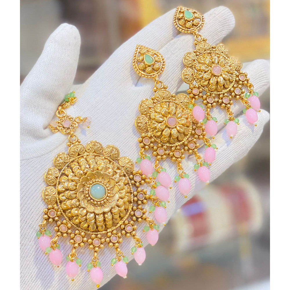 Hira Collections Royal Pota Stone And Beads Earrings With Elegant Maangtikka Set