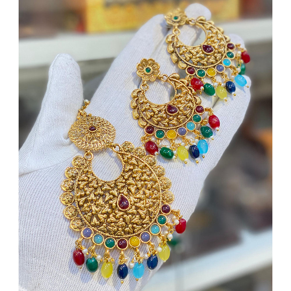 Hira Collections Royal Pota Stone And Beads Earrings With Elegant Maangtikka Set