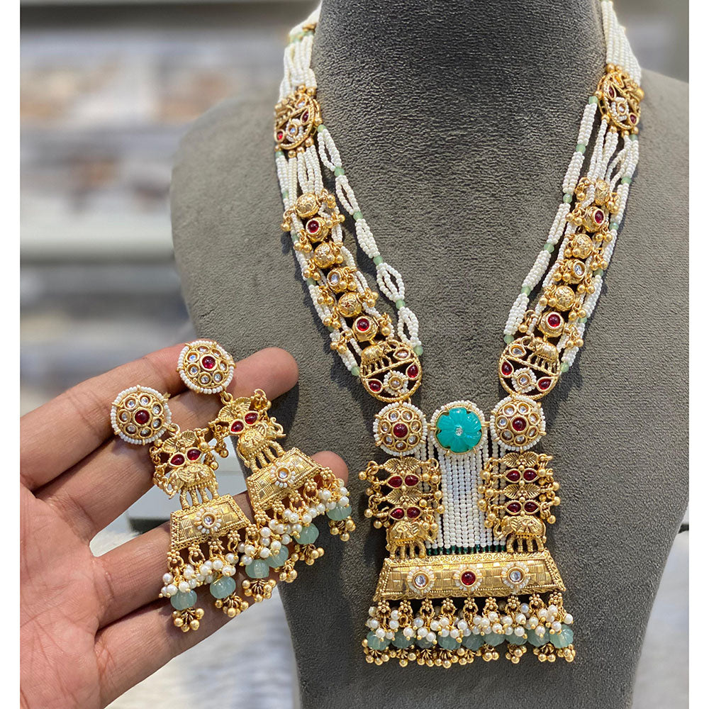 Hira Collections Ethnic Kundan Stone And Pearl Long Necklace Set