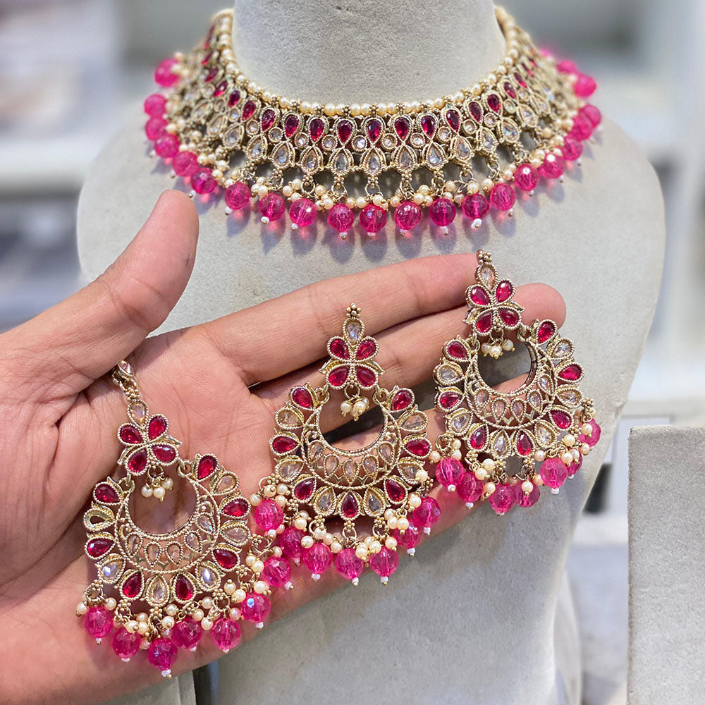 Hira Collections Crystal Stone And Beads Choker Necklace Set