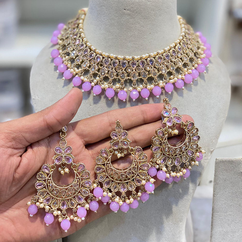 Hira Collections Crystal Stone And Beads Choker Necklace Set