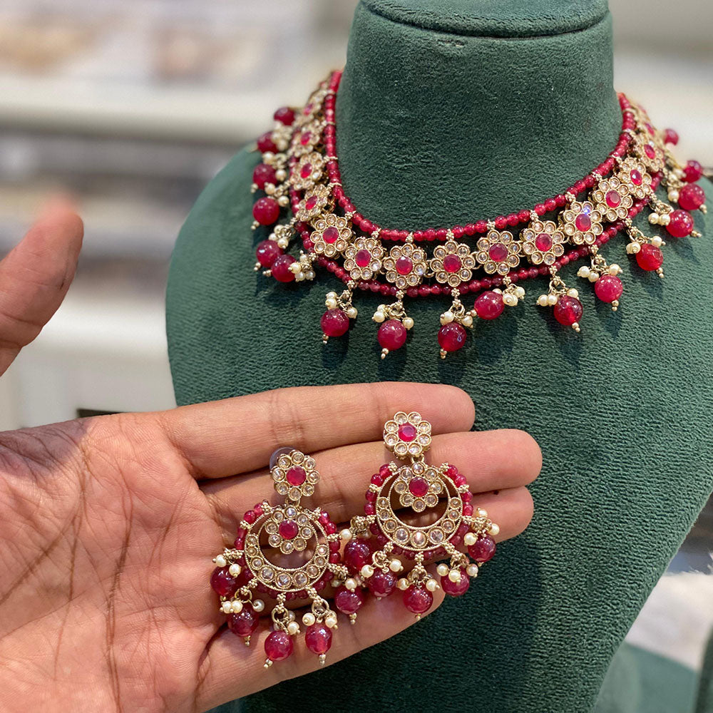 Hira Collections Crystal Stone And Beads Choker Necklace Set