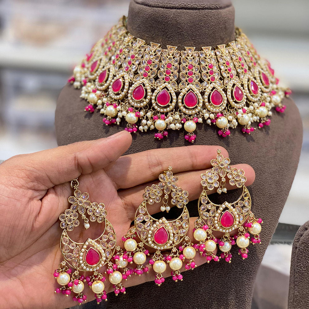 Hira Collections Crystal Stone And Beads Choker Necklace Set
