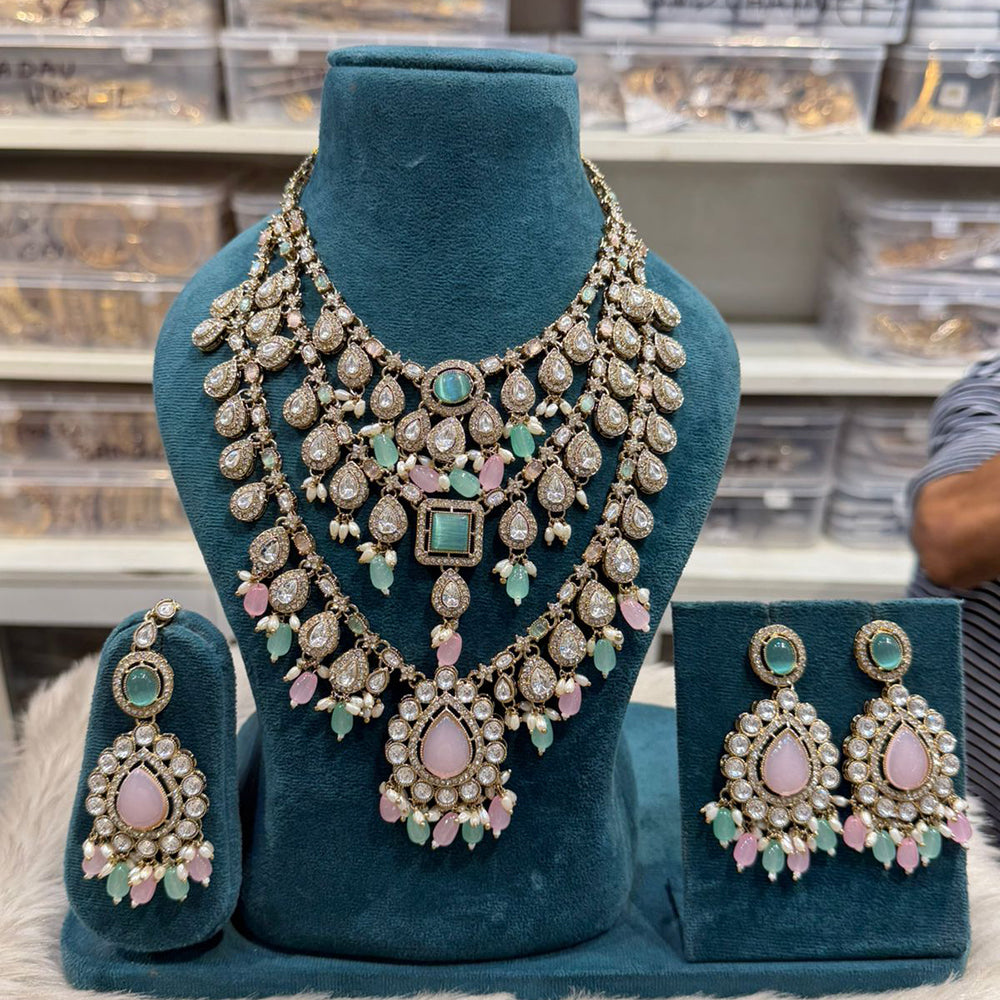 Hira Collections Elegant Pota Stone Pearl And Beads Multi Layered Long Necklace Set