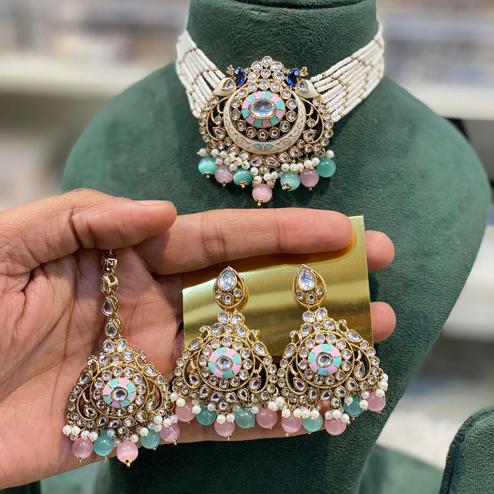 Hira Collections Luxury Kundan Stone Pearl And Beads Meenakari Choker Necklace Set