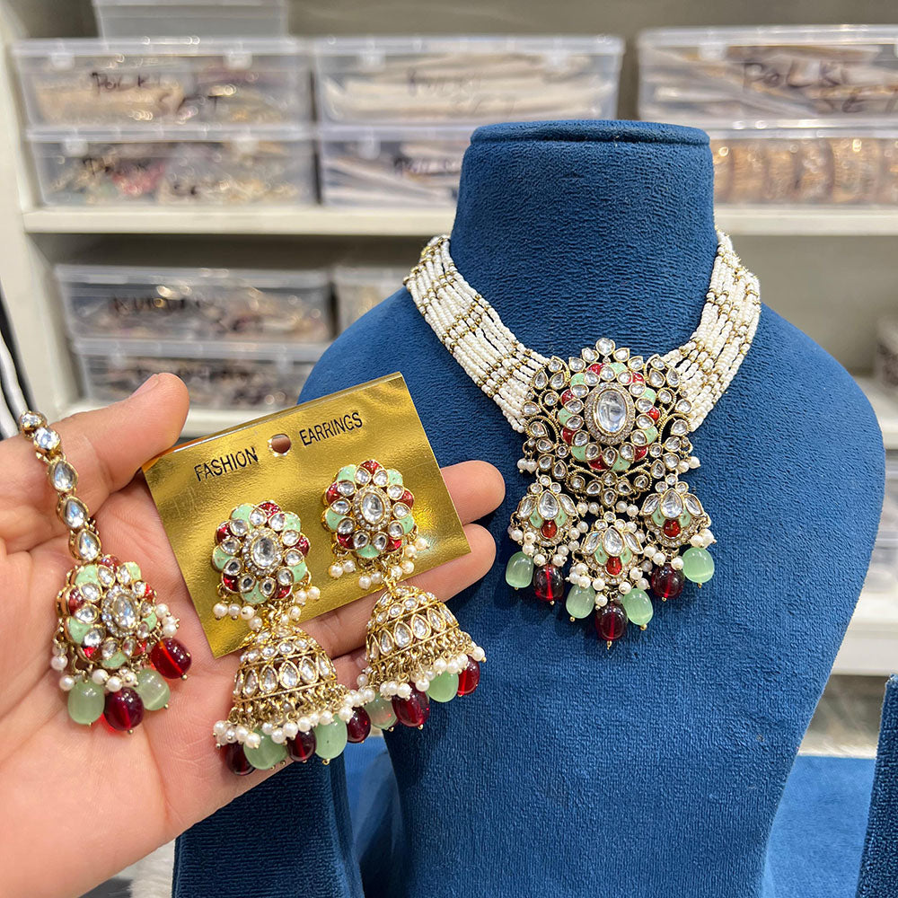 Hira Collections Luxury Kundan Stone Pearl And Beads Meenakari Choker Necklace Set