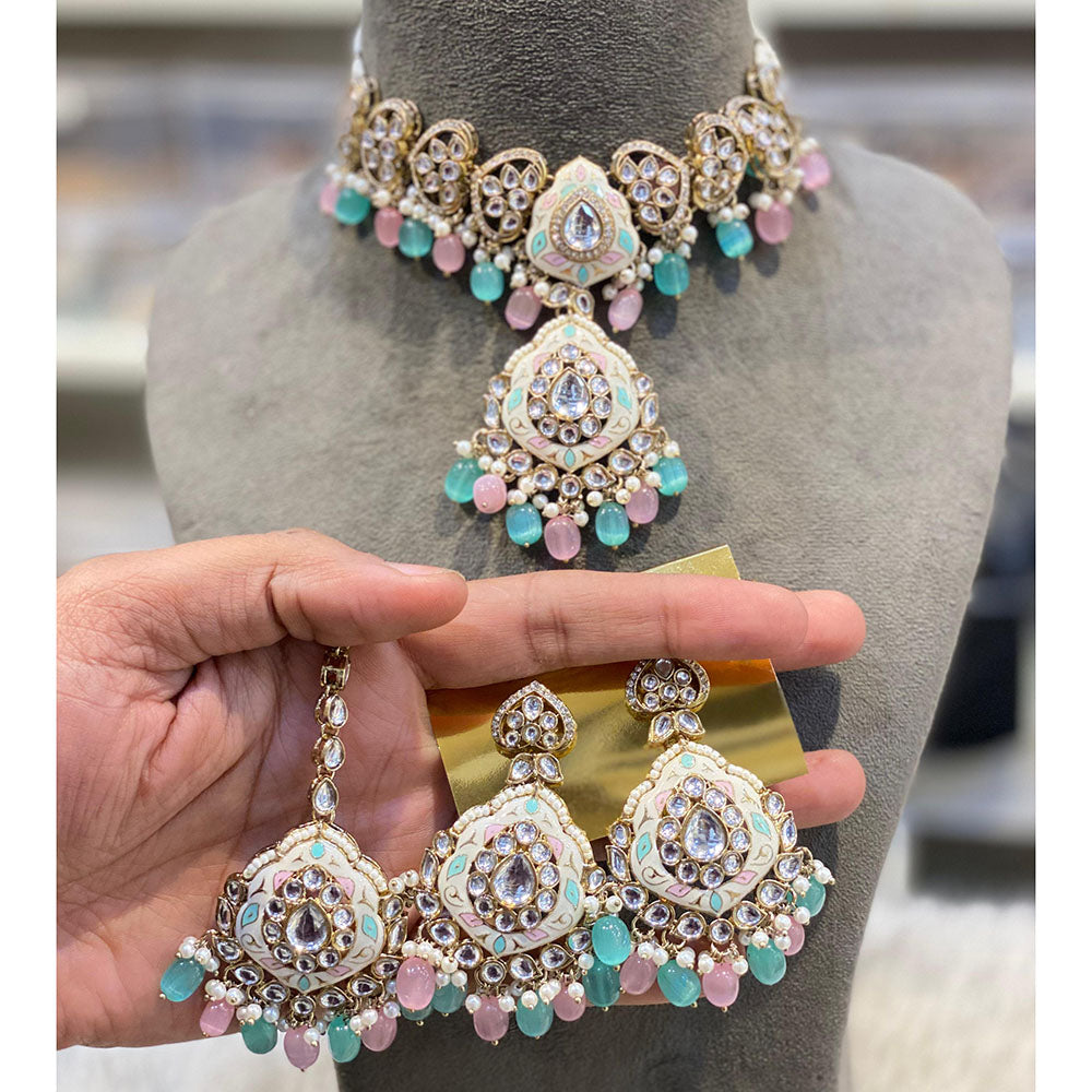 Hira Collections Luxury Kundan Stone Pearl And Beads Meenakari Choker Necklace Set