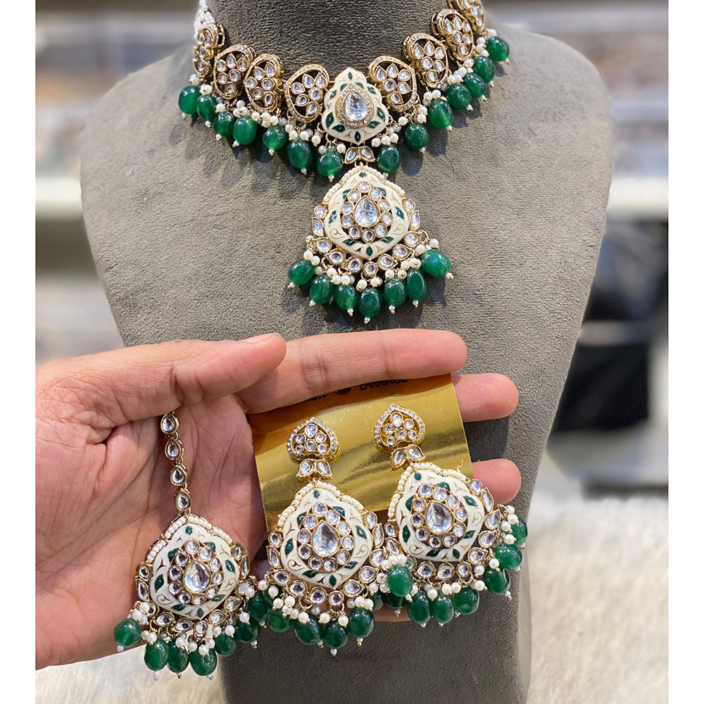 Hira Collections Luxury Kundan Stone Pearl And Beads Meenakari Choker Necklace Set