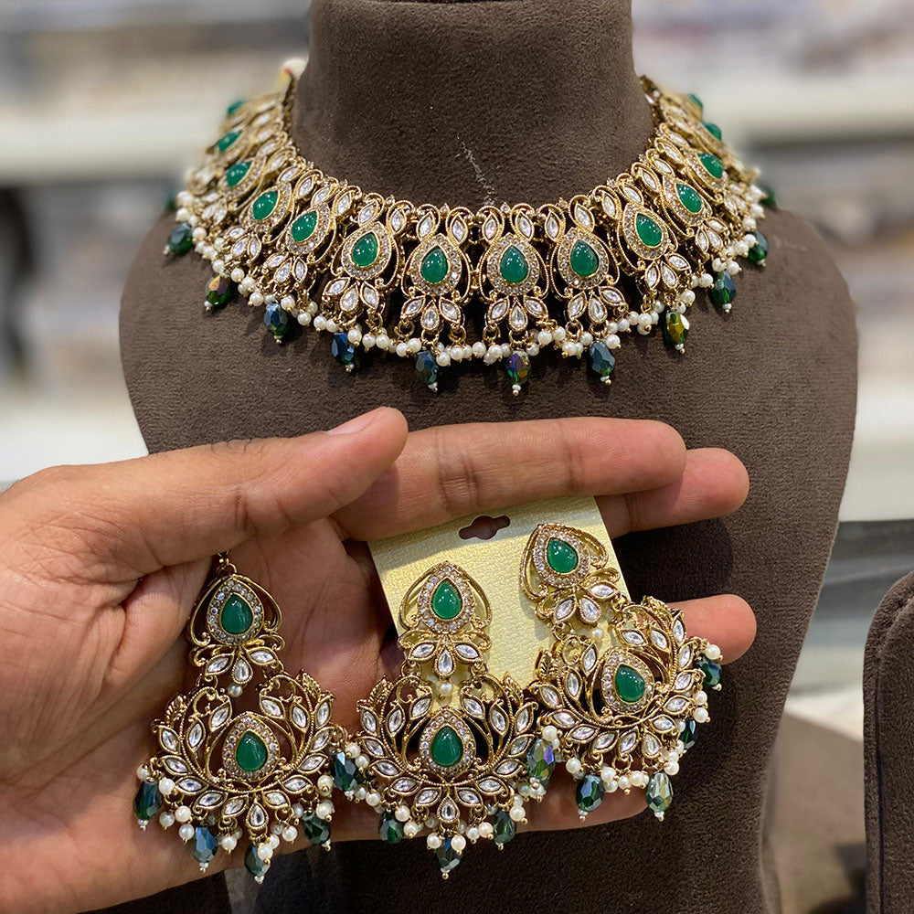 Hira Collections Crystal Stone Pearl And Beads Choker Necklace Set