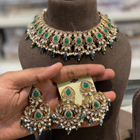 Hira Collections Crystal Stone Pearl And Beads Choker Necklace Set