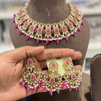Hira Collections Crystal Stone Pearl And Beads Choker Necklace Set