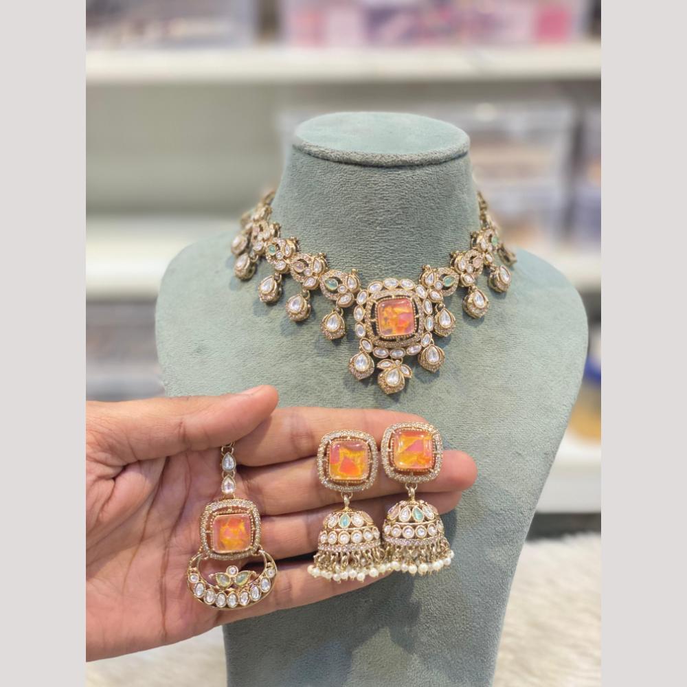 Hira Collections Premium Pota Stone And Pearl Statement Choker Necklace Set