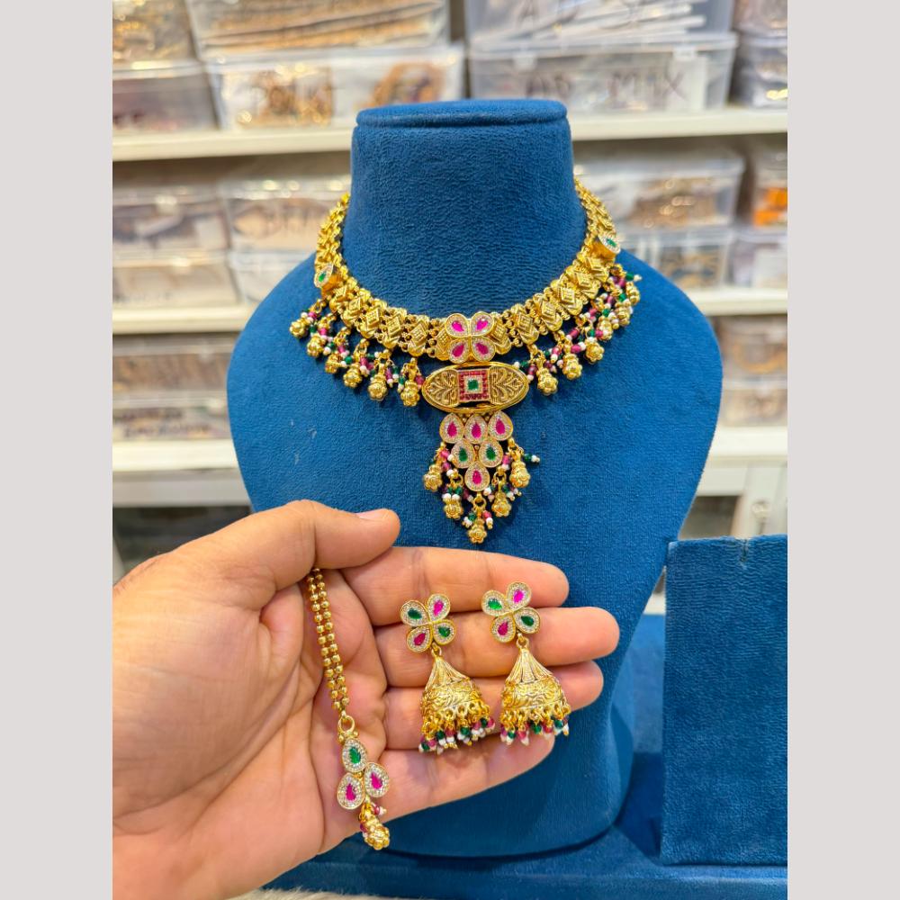 Hira Collections Premium Pota Stone And Pearl Statement Choker Necklace Set