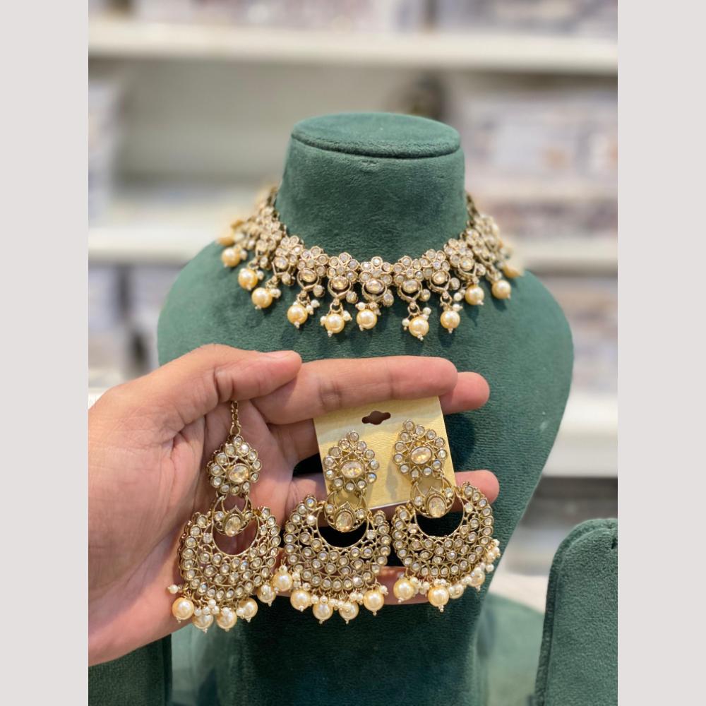 Hira Collection Premium Crystal Stone And Pearl Choker Necklace Set
