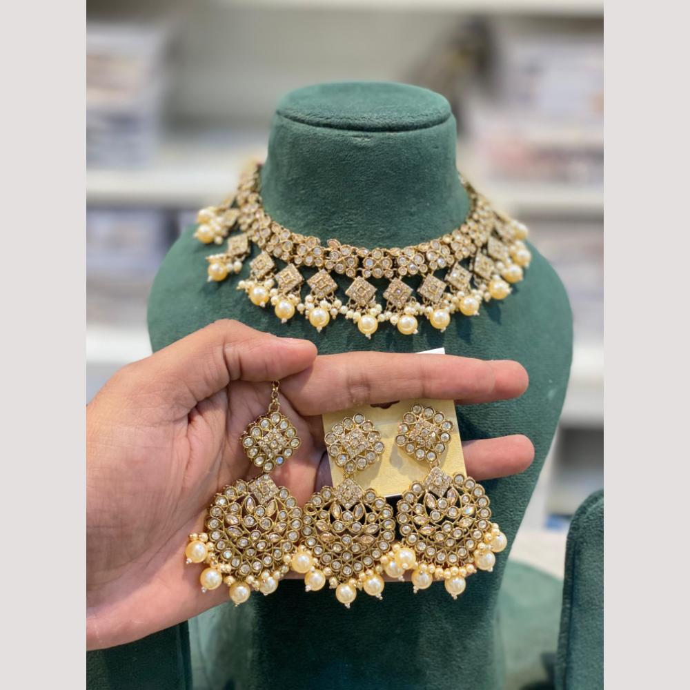 Hira Collection Premium Crystal Stone And Pearl Choker Necklace Set