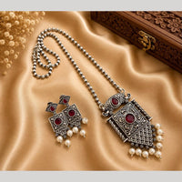 Hira Collections Exclusive Oxidised Pota Stone Pearl Long Necklace Set for Women
