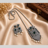 Hira Collections Exclusive Oxidised Pota Stone Pearl Long Necklace Set for Women