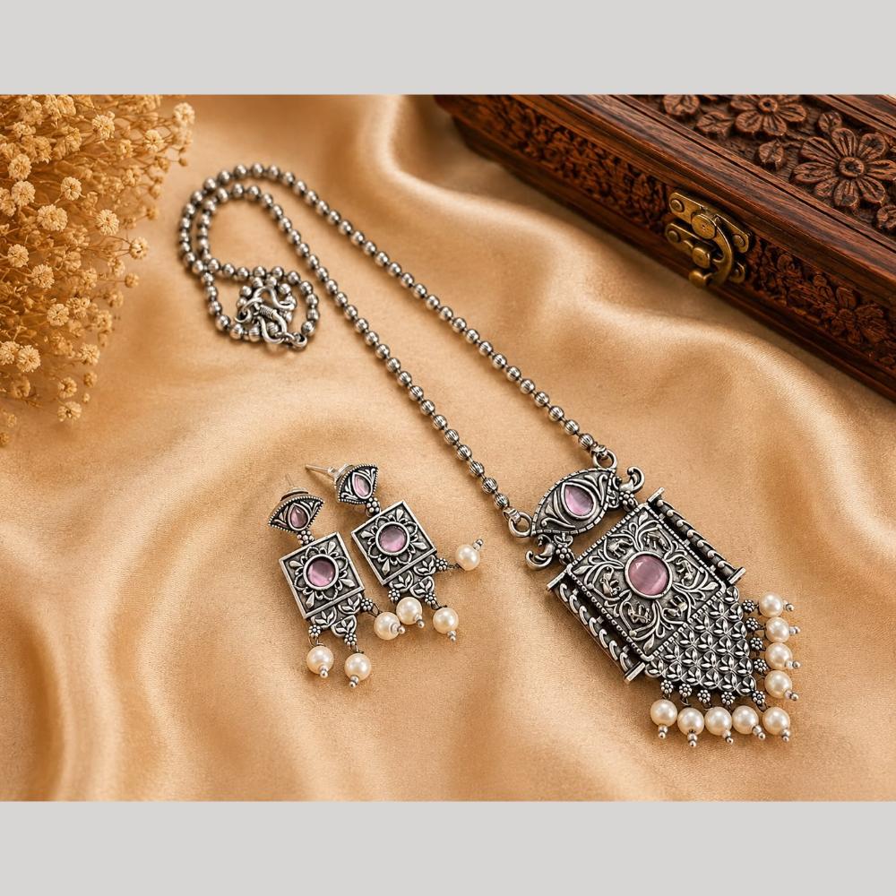 Hira Collections Exclusive Oxidised Pota Stone Pearl Long Necklace Set for Women