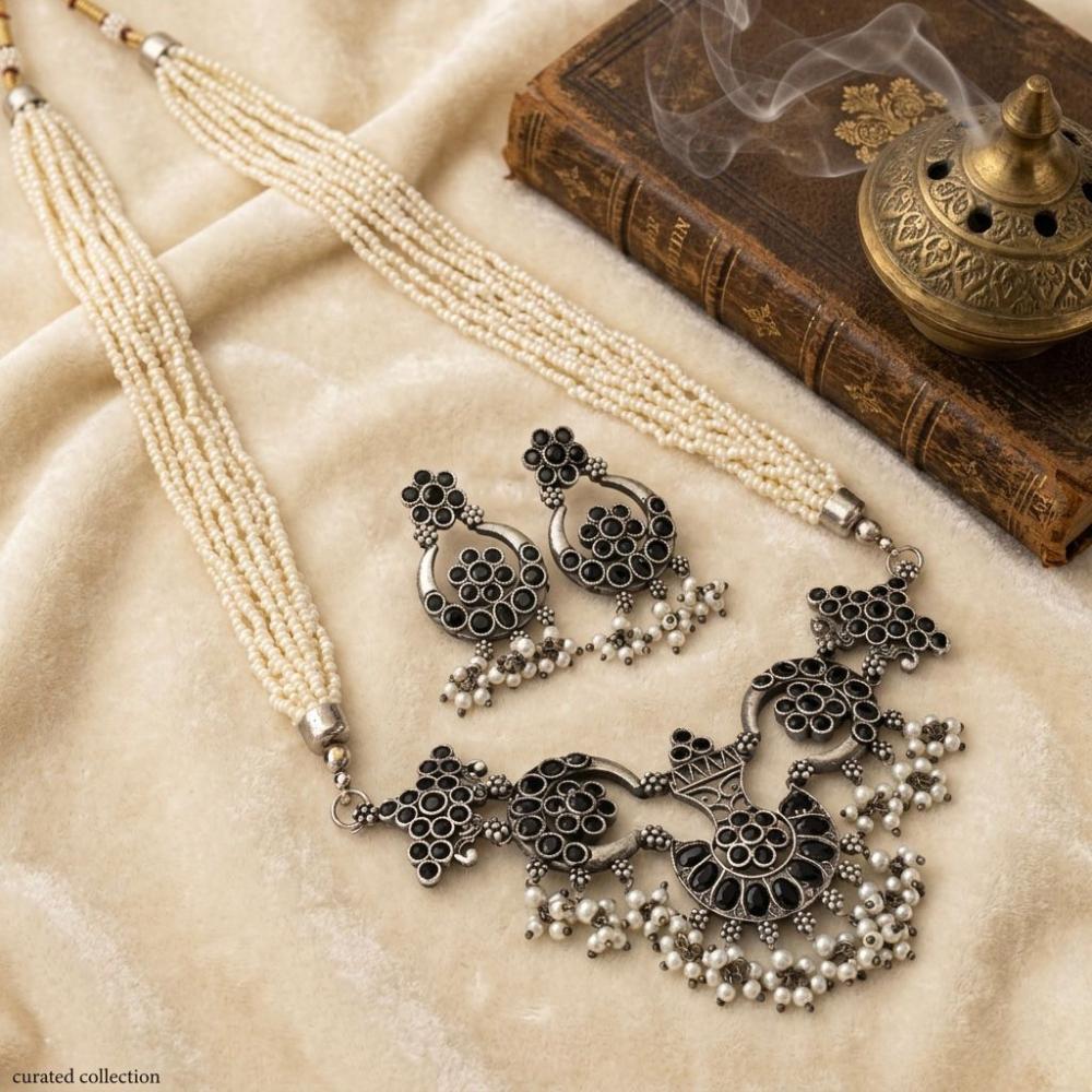 Hira Collections Exclusive Oxidised Pota Stone Pearl Long Necklace Set for Women