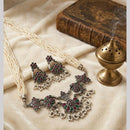 Hira Collections Exclusive Oxidised Pota Stone Pearl Long Necklace Set for Women