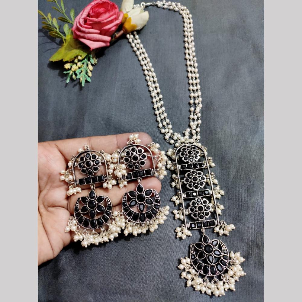 Hira Collections Exclusive Oxidised Pota Stone Pearl Long Necklace Set for Women