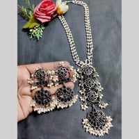 Hira Collections Exclusive Oxidised Pota Stone Pearl Long Necklace Set for Women