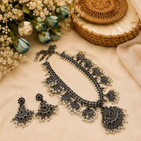 Hira Collections Exclusive Oxidised Pota Stone Pearl Long Necklace Set for Women