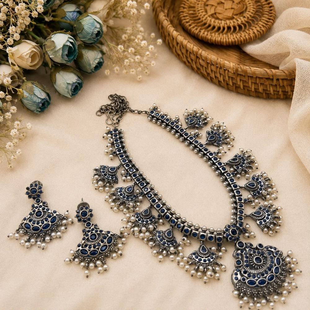 Hira Collections Exclusive Oxidised Pota Stone Pearl Long Necklace Set for Women