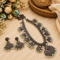 Hira Collections Exclusive Oxidised Pota Stone Pearl Long Necklace Set for Women