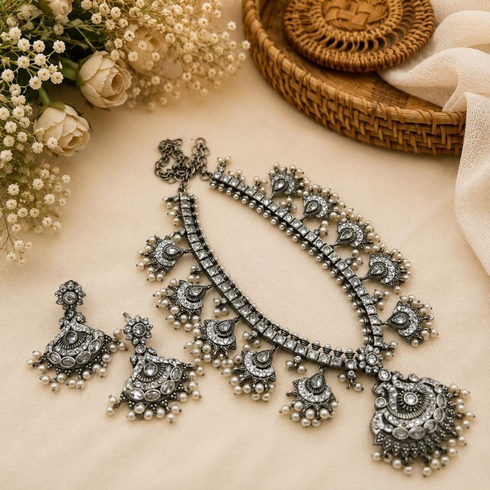 Hira Collections Exclusive Oxidised Pota Stone Pearl Long Necklace Set for Women