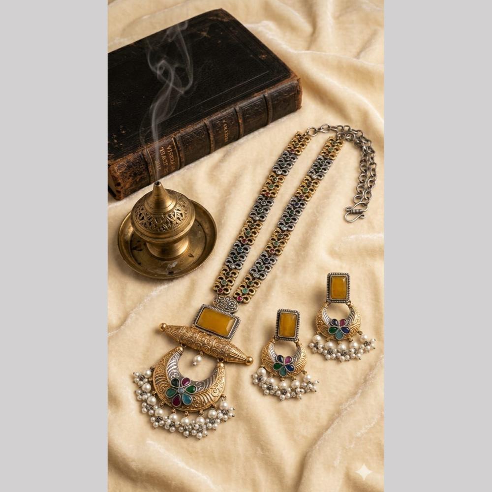 Hira Collections Exclusive 2 Tone Pota Stone Pearl Long Necklace Set for Women