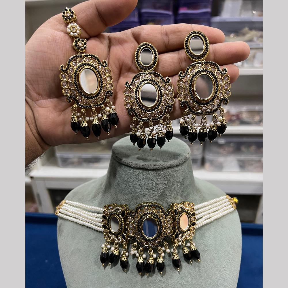 Hira Collections Royal Crystal Stone Mirror And Pearl Choker Necklace Set