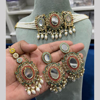 Hira Collections Royal Crystal Stone Mirror And Pearl Choker Necklace Set