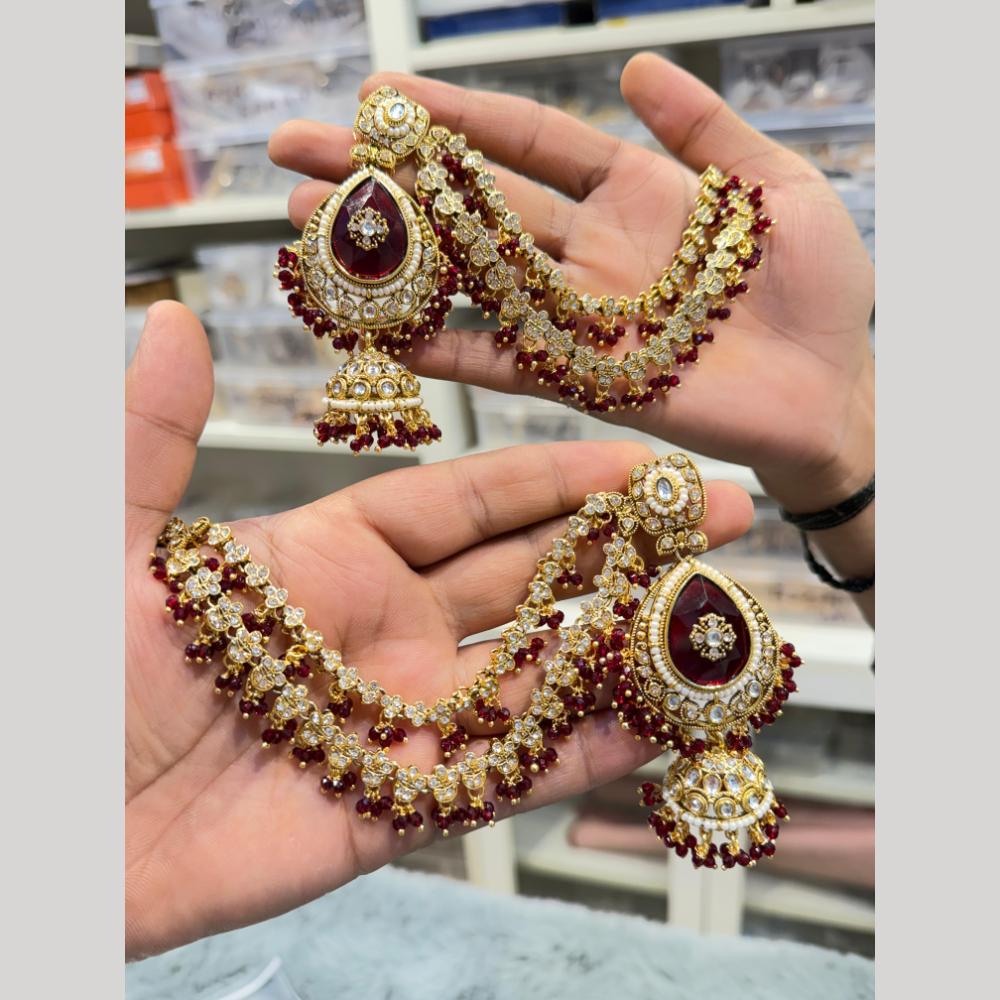 Hira Collections Heritage Kundan Stone And Pearl Kan Chian Jhumki Earrings