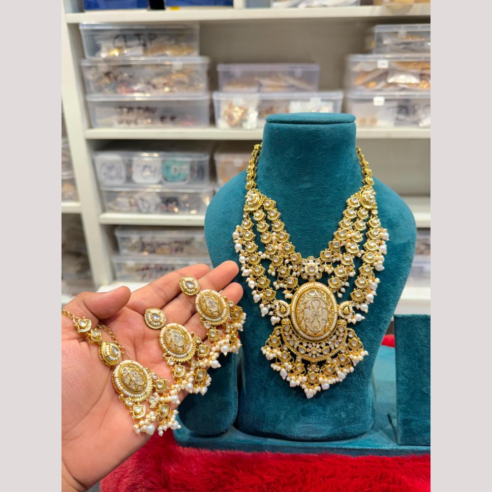 Hira Collections Premium Polki Kundan Stone And Pearl Necklace Set