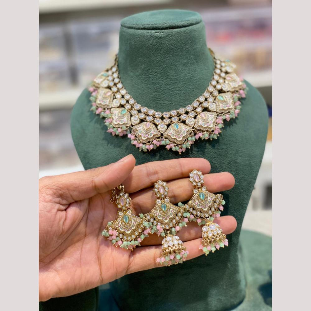 Hira Collections Premium Kundan Stone And Pearl Meenakari Choker Necklace Set