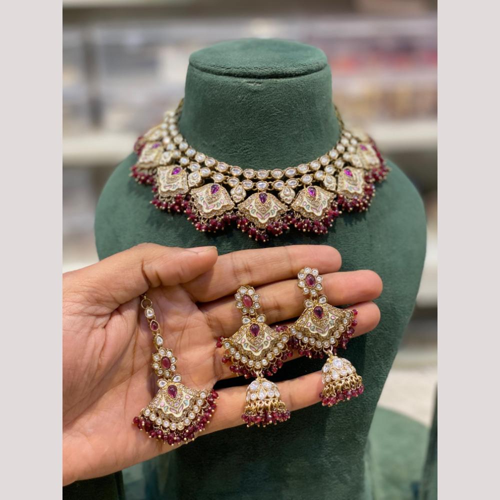 Hira Collections Premium Kundan Stone And Pearl Meenakari Choker Necklace Set