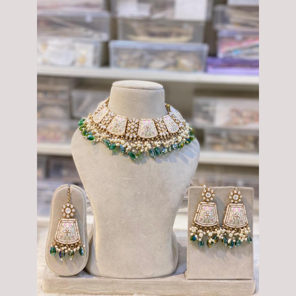 Hira Collections Premium Kundan Stone And Pearl Meenakari Choker Necklace Set