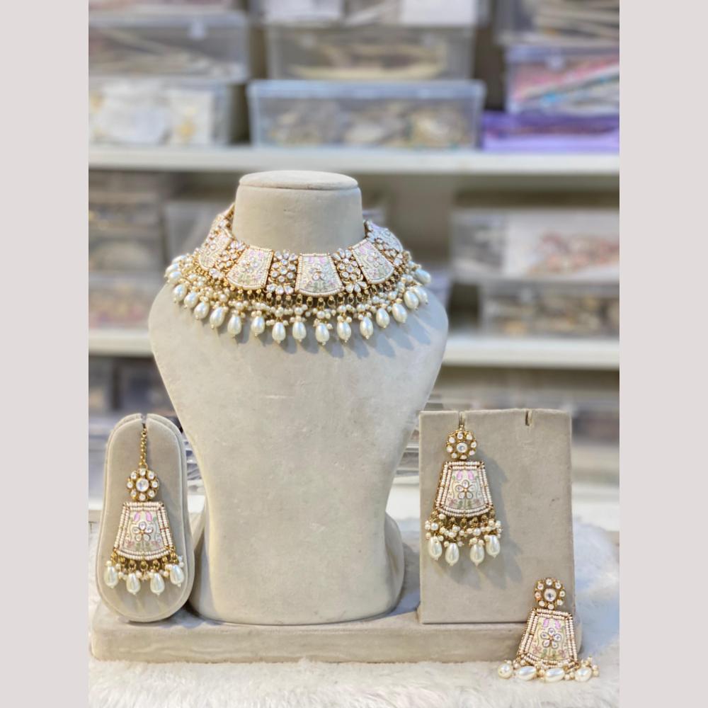 Hira Collections Premium Kundan Stone And Pearl Meenakari Choker Necklace Set