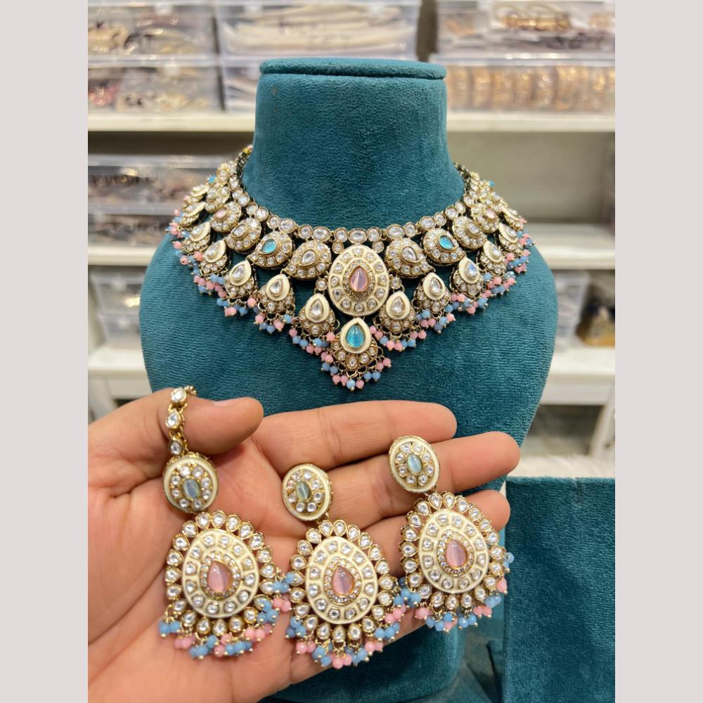Hira Collections Premium Kundan Stone And Pearl Meenakari Choker Necklace Set