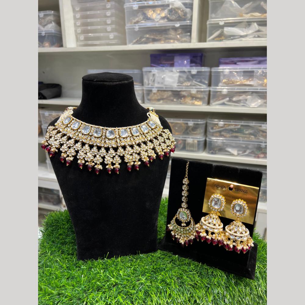 Hira Collections Premium Kundan Stone Beads And Pearl Choker Necklace Set
