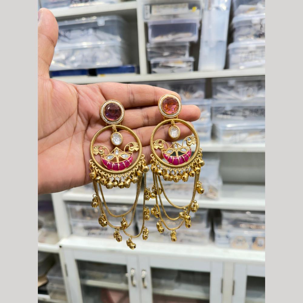 Hira Collections Vintage Pota Stone And Ghungroo Designer Dangler Earrings