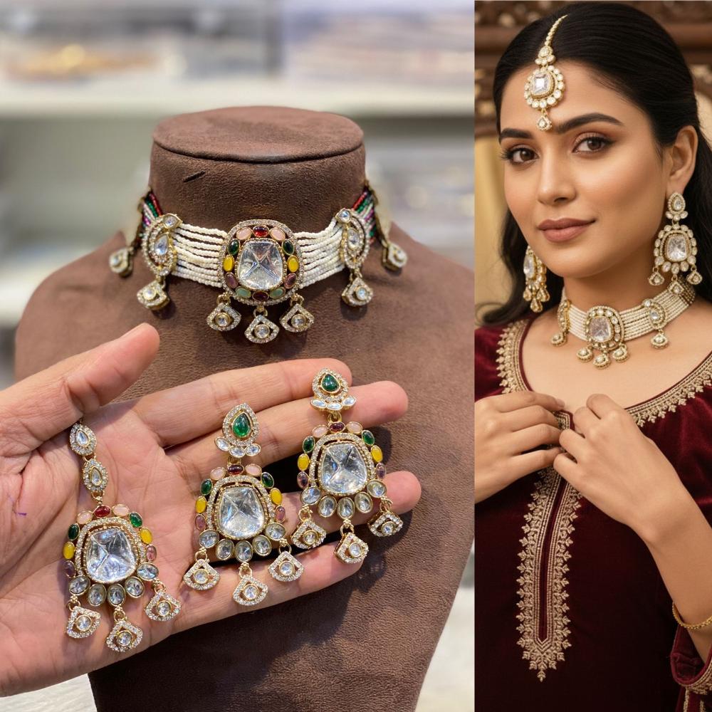 Hira Collections Premium Kundan Stone Beads And Pearl Choker Necklace Set