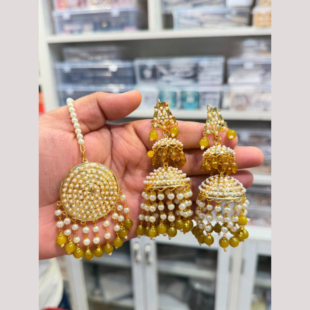 Hira Collections Stylish Beads And Pearl Jhumki Earrings With Maang Tikka