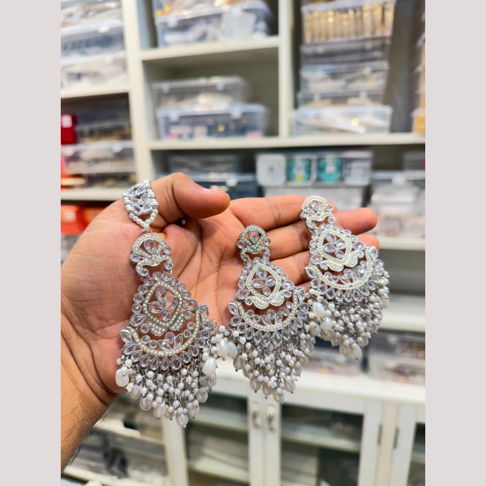 Hira Collections Stylish Crystal Stone And Pearl Dangler Earrings With Maang Tikka