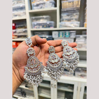 Hira Collections Stylish Crystal Stone And Pearl Dangler Earrings With Maang Tikka