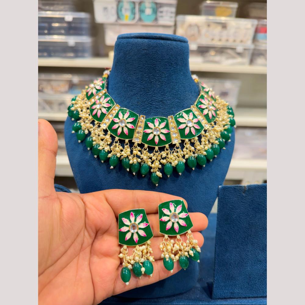 Hira Collections Premium Kundan Stone And Pearl Meenakari Choker Necklace Set