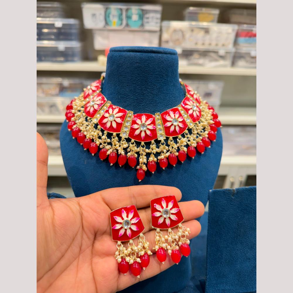 Hira Collections Premium Kundan Stone And Pearl Meenakari Choker Necklace Set